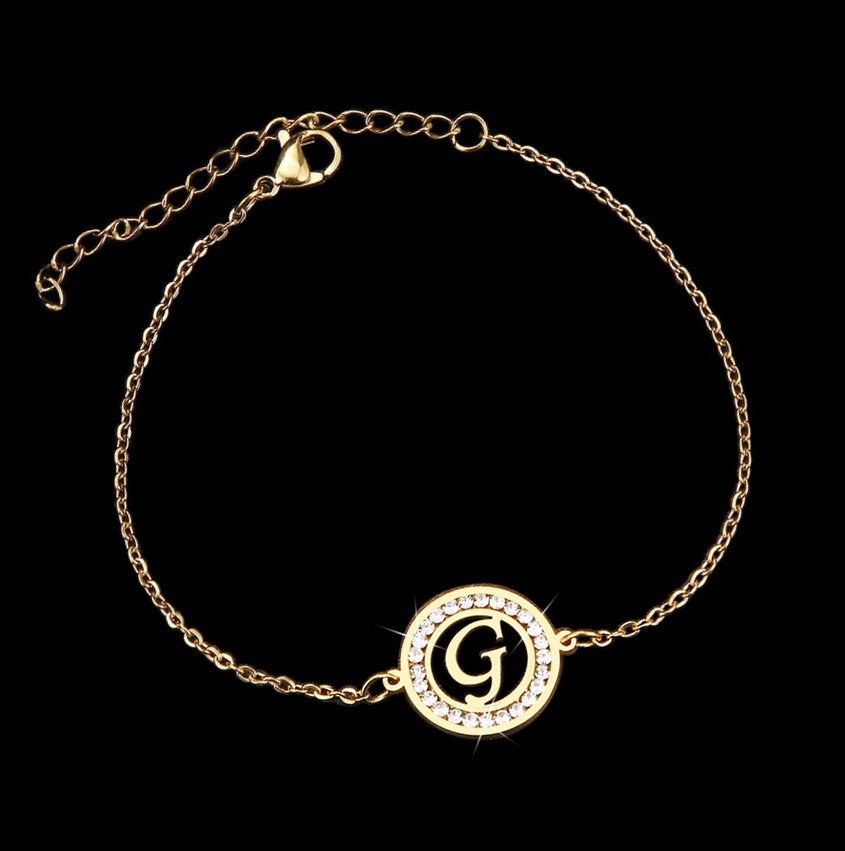 Stainless Steel Initial 'G' Bracelet with Simulated Diamonds - Yellow