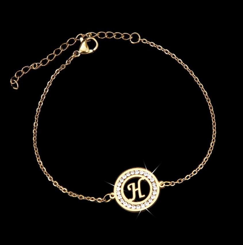 Stainless Steel Initial 'H' Bracelet with Simulated Diamonds - Yellow