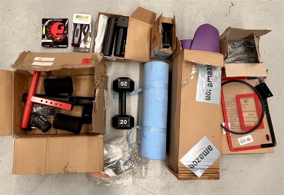 Assorted Sports Products Including Weights, Attachments, Mats & More. NB: S