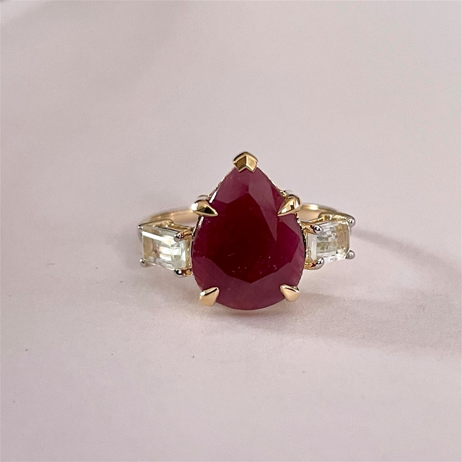 Yellow Gold Natural Ruby / Natural White Topaz & Diamond Ring with IG