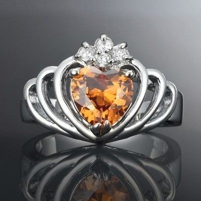 Stunning Rhodium Plated Champagne Crown Heart Ring - US Size 9