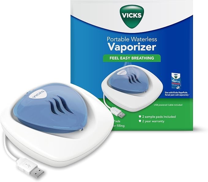 VICKS Portable Waterless Vaporizer, USB power, On/Off nightlight, Use with
