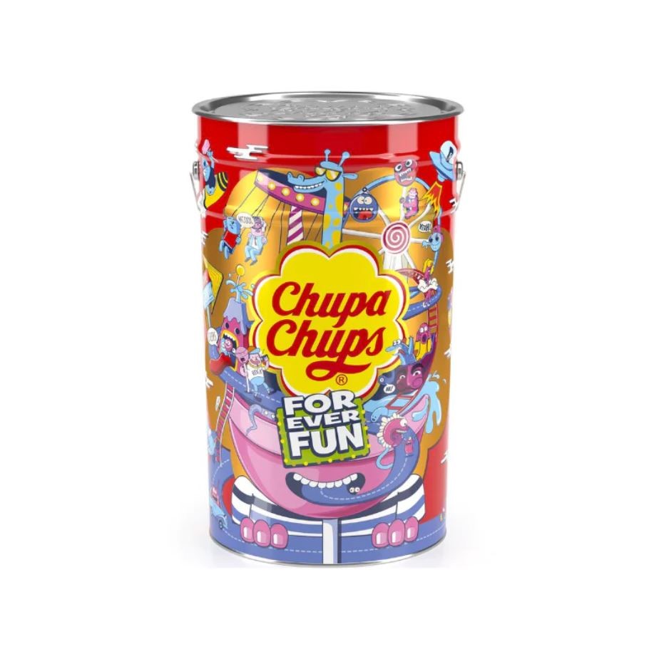 Tin of 1000pc CHUPA CHUPS Original Mega Tin Lollipops, 12kg.