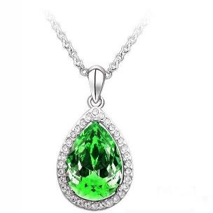 Simulated Diamond Large Statement Green Teardrop Pendant Necklace in Silver