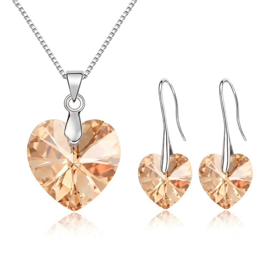Designer Champagne Love heart Necklace & Earring Set in Silver
