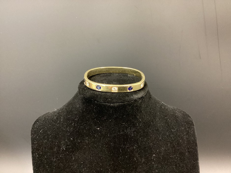 Acid Tested 18ct Yellow Gold, Diamond And Blue Sapphire Bangle
