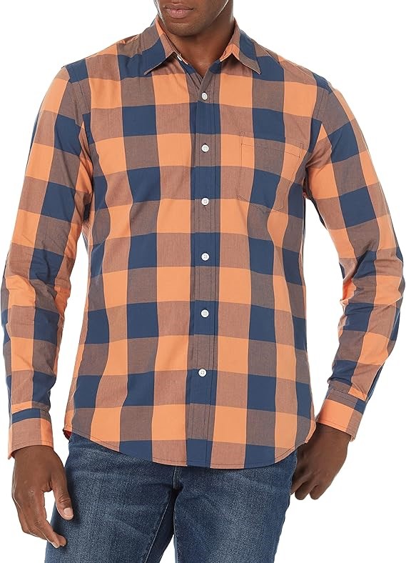 AMAZON ESSENTIALS Men's Long-Sleeve Poplin Shirt, Large, Blue Orange Buffal