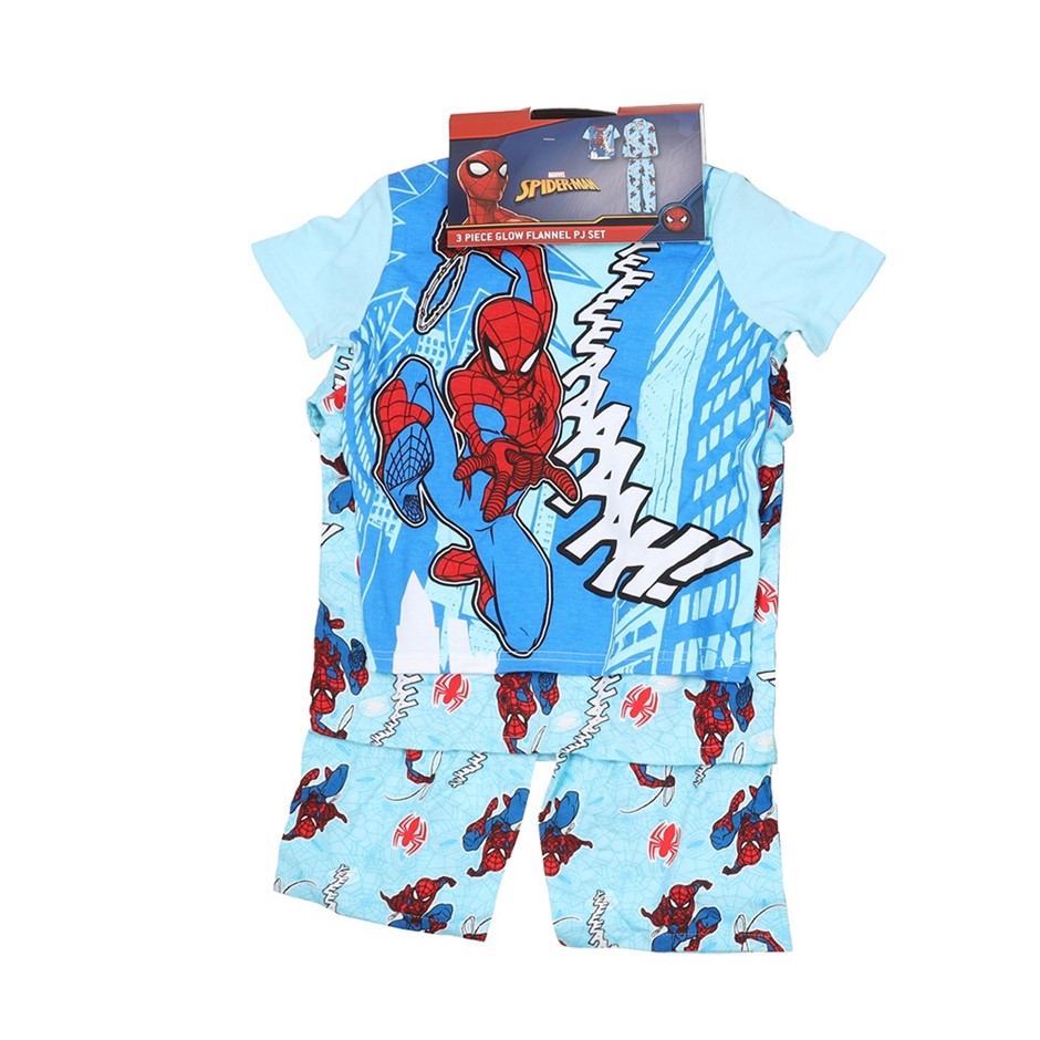 MARVEL Boy's 3pc Glow Flannel PJ Set, Size 2, Spiderman Blue. Buyers Note