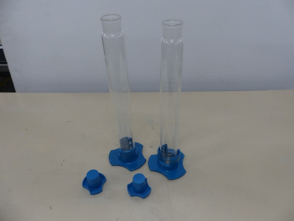 <p>Measuring Cylinders 2 x 250ml Capacity Stoppered, Graduations on Hex Bas