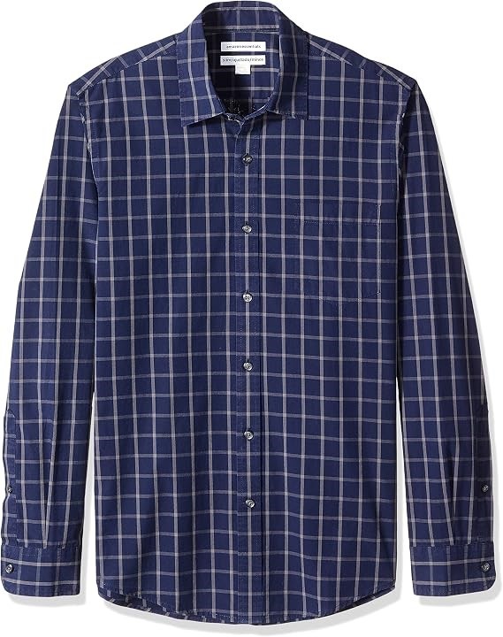 AMAZON ESSENTIALS Men's Slim-Fit Poplin Shirt, Size M, Navy Windowpane, MAE
