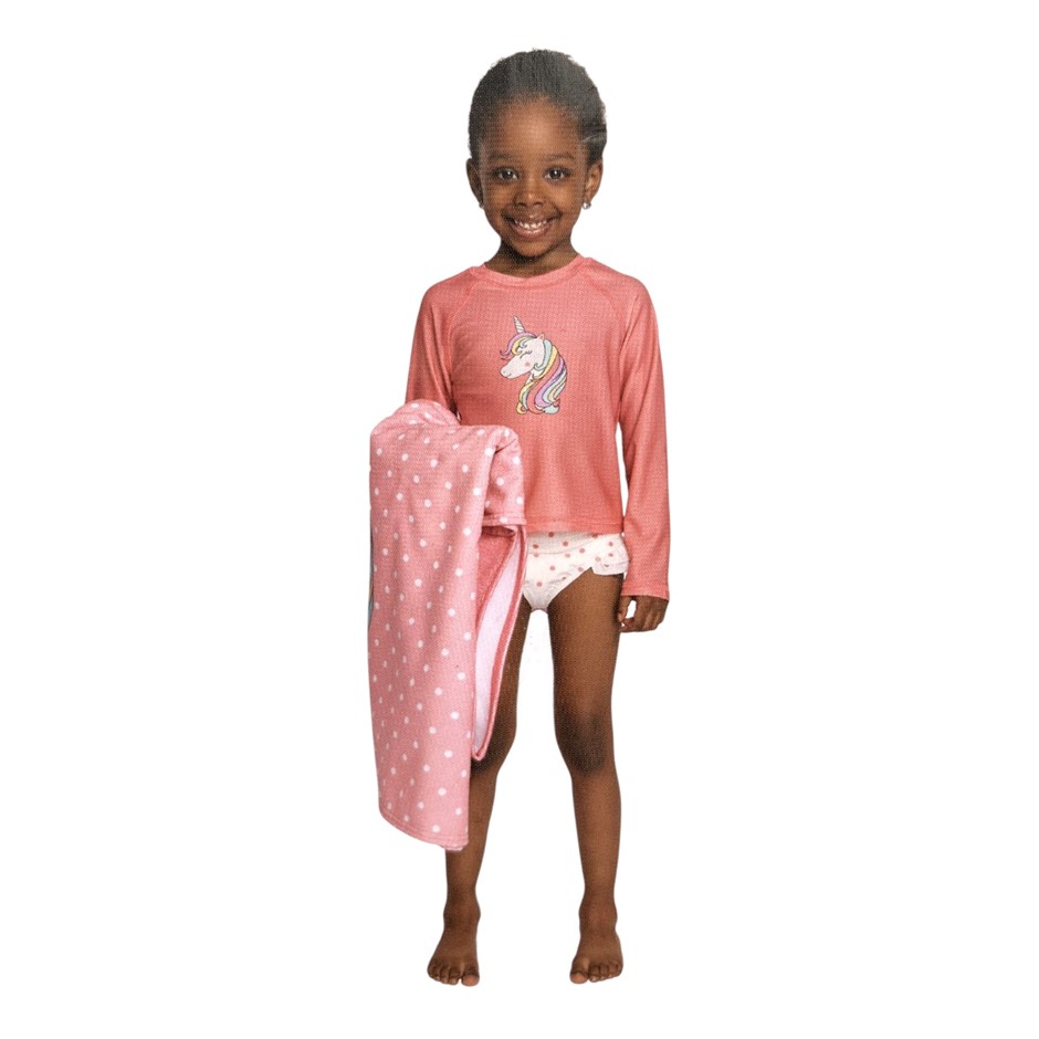 PEKKLE Kids' 2pc Set, Size 5, Pink Unicorn, Incl: Brief & Hooded Towel. NB: