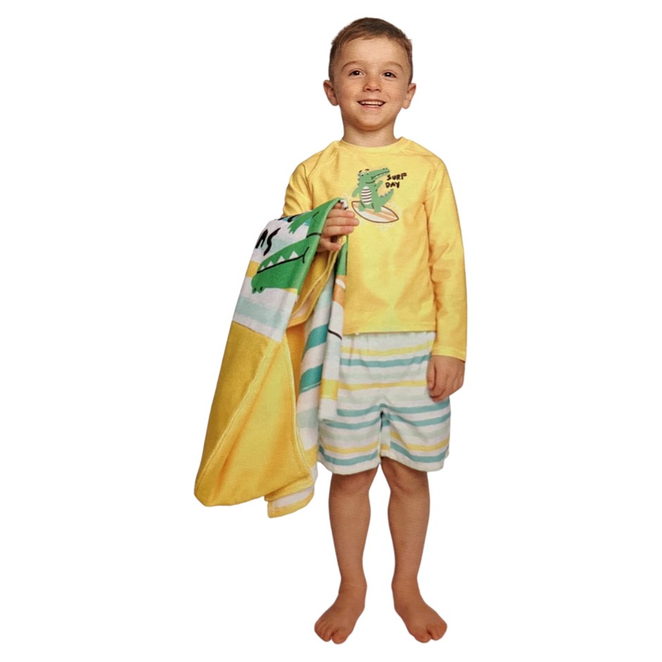 PEKKLE Kids' 2pc Set, Size 2, Yellow Croc, Incl: Brief & Hooded Towel. NB: