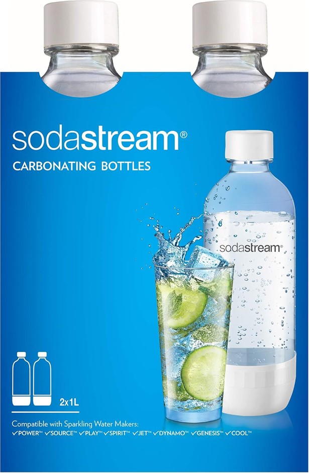 SodaStream Dishwasher Safe 1L Classic DWS Carbonating Bottle White (twinpac