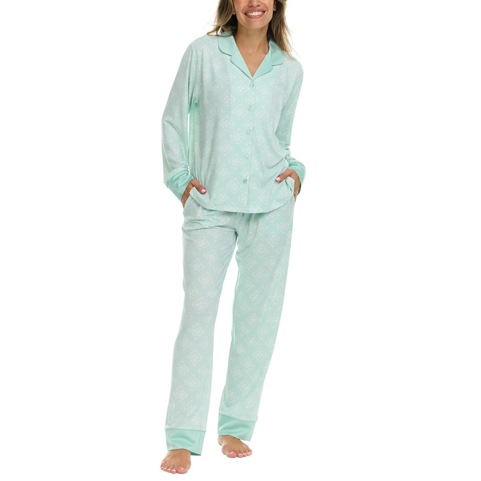 FLORA NIKROOZ Women's Satin Trim PJ Set, Size M, Green. NB: has stains (sho