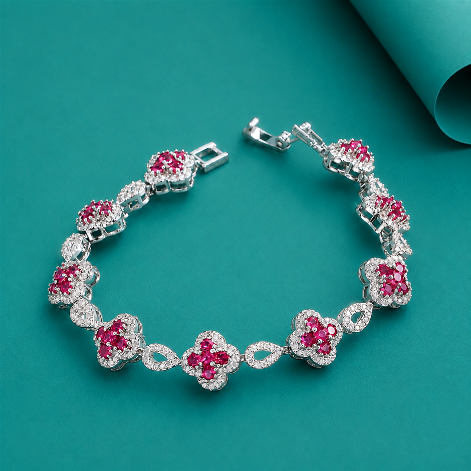 Pink AAA+ Cubic Zirconia Flower Loop Bracelet