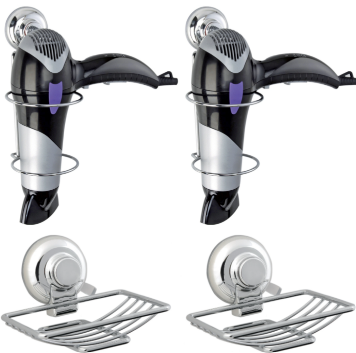 2 x Hair Dryer Holders + 2 x Suction Soap Dishes – Chrome Bathroom Accessor