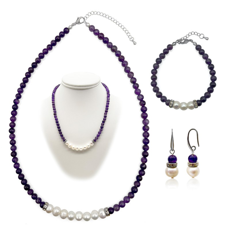7-8mm Pearl & Amethyst Real Platinum Plated Jewellery Set