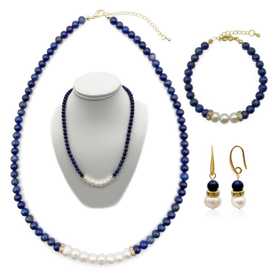 7-8mm Pearl & Lapis Lazuli Real 18k Gold Plated Jewellery Set