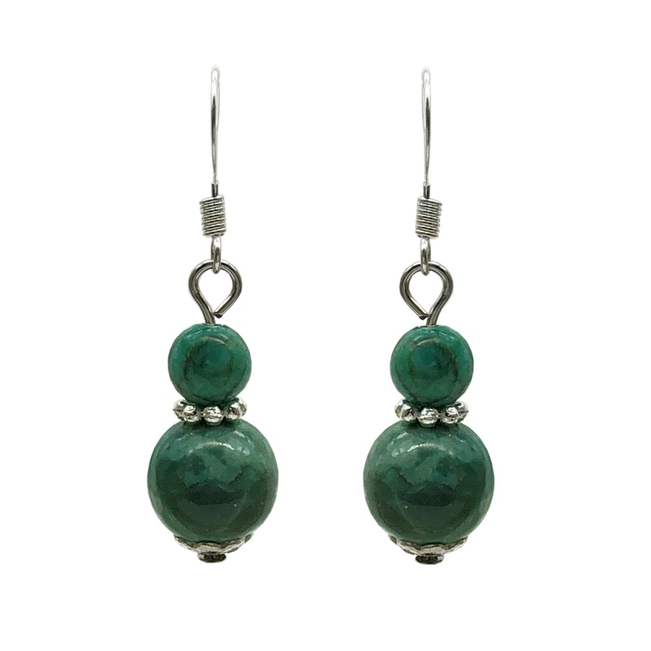 6-10mm Round African Jasper Turquoise Silver Plated Drop Earrings