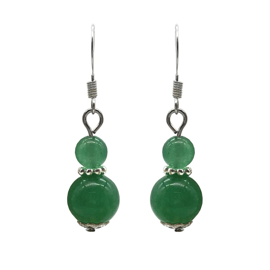 6-10mm Round Green Aventurine Silver Plated Drop Earrings