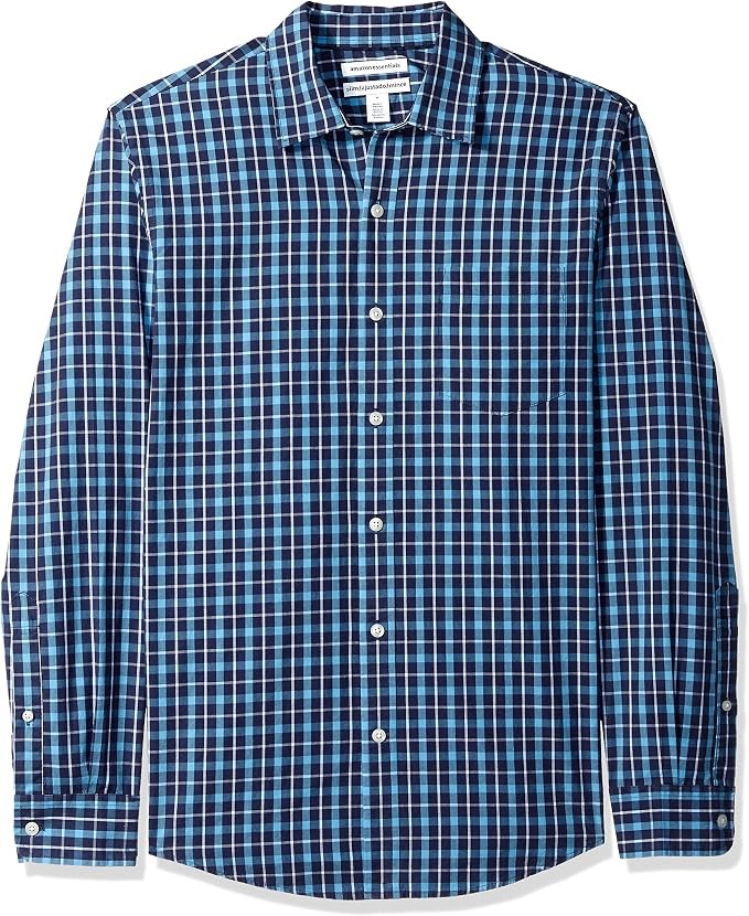 AMAZON ESSENTIALS Men's Slim-Fit LS Poplin Shirt, Medium, Navy Plaid, MAE30