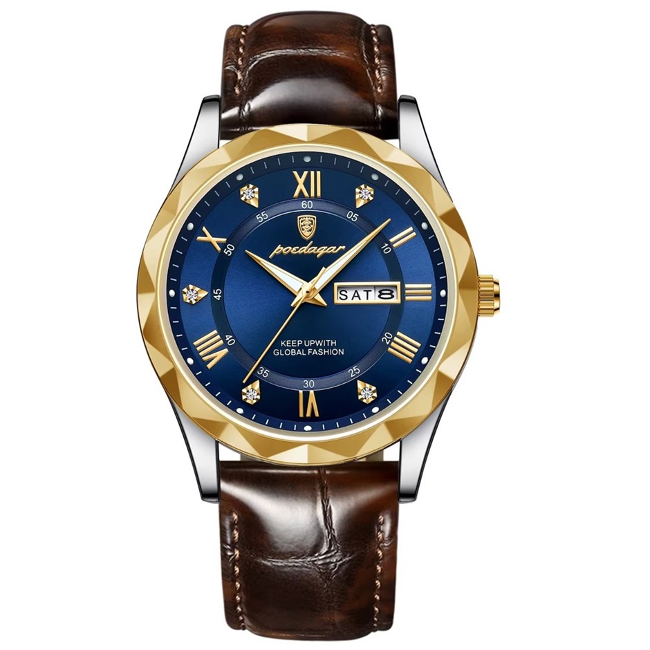 Luxury Men's Quartz Watch Date Week with Leather Strap, Silver/Gold/Blue