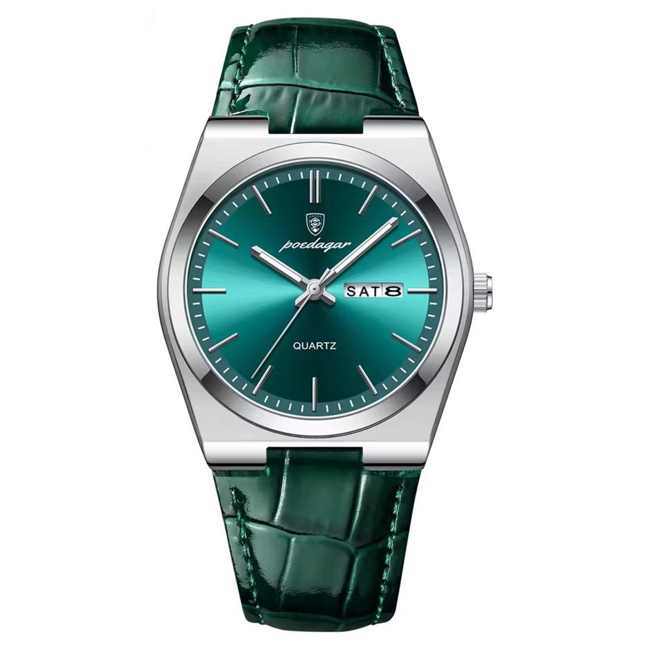 Luxury Quartz Watch for Men, Calendar with Leather Strap, Silver/Green