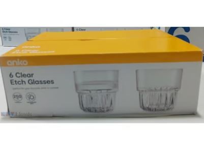 3 BOXES Anko 6 Clear Etch Glasses, stackable design and a 250ml capacity.