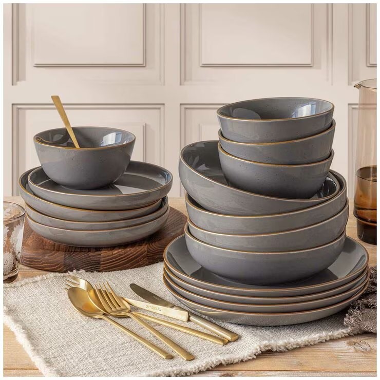 OVER&BACK Options Dinner Set 16 Piece, Dark Grey. N.B: 1 x bowl is chipped.