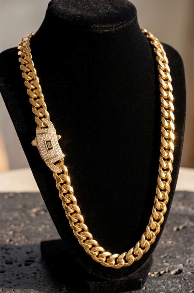 14K-Stamped Yellow Gold Bonded Cuban Miami Chain -60cm-10mm-Bonus Gift