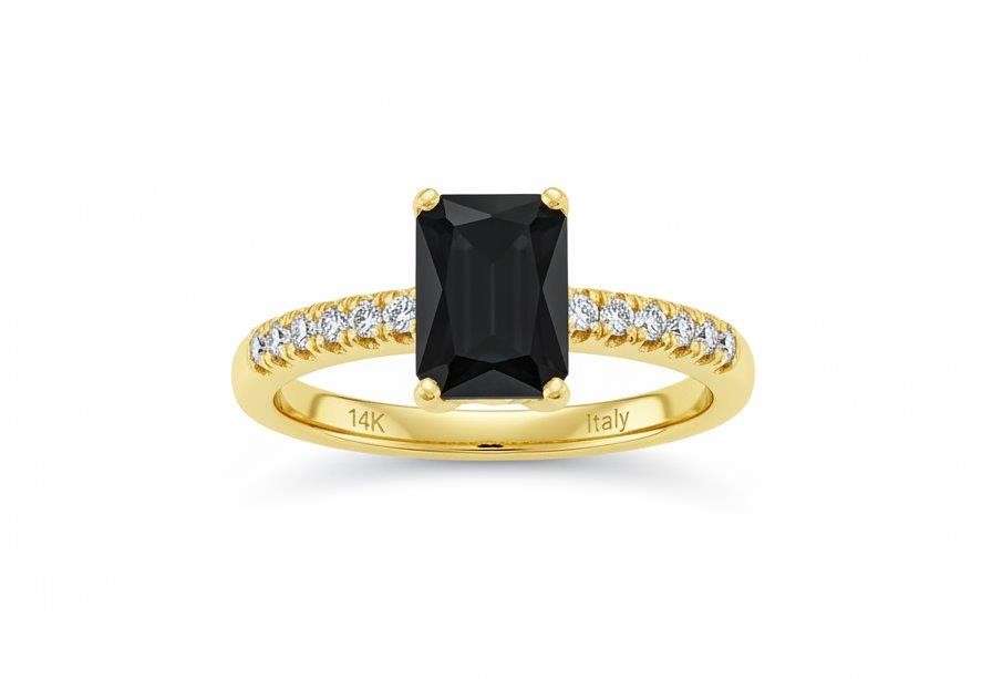 14K/Italy 2.0ct Black Emerald Cut Yellow Gold Bonded Ring Quality-7US