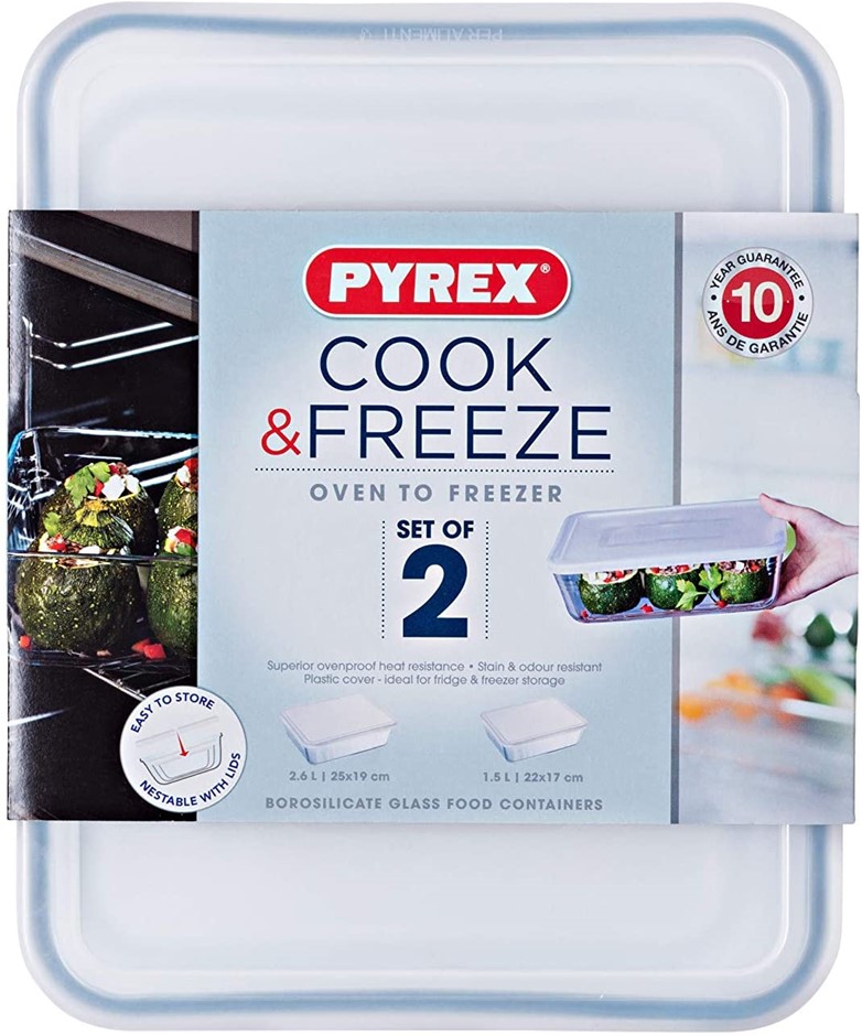 2 x PYREX Cook And Freeze Rectangular Glass Dish Set With BPA-Free Plastic