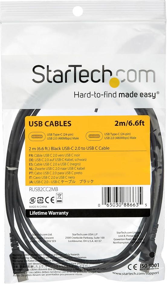 StarTech Rugged USB 2.0 C to C Cable, Black, 2 Meter Length