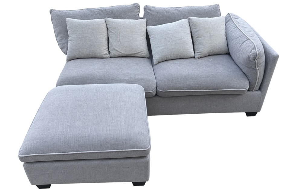 Modern Modular 2-Seater Fabric Sofa with Ottoman & Cushions – Grey NB: phot