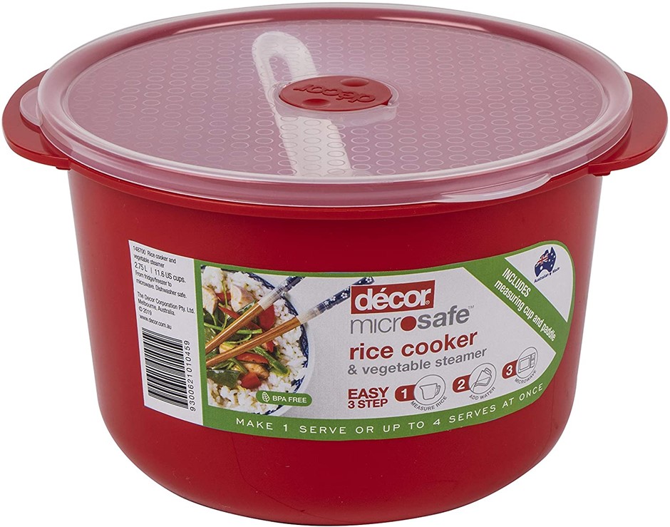 DECOR Microsafe Microwave Rice Cooker and Vegetable Steamer, Red.