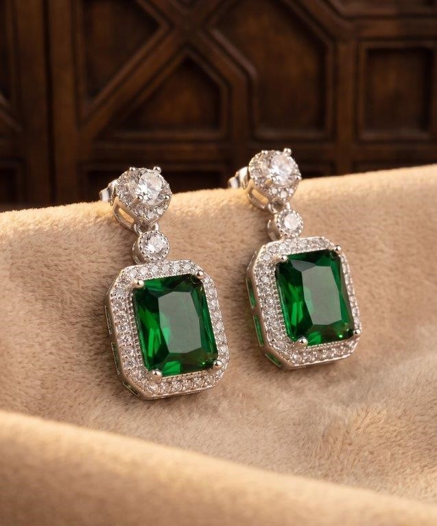 925 Sterling Silver Emerald Cut Green Stones Earrings Simulated Diamonds