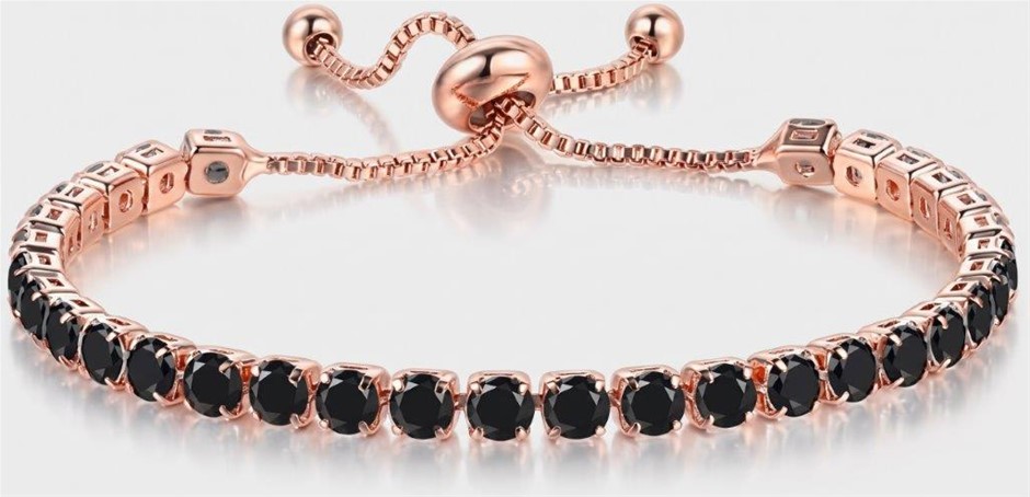 925 Sterling Silver Tennis Bracelet Black Simulated Diamonds-Adjustable