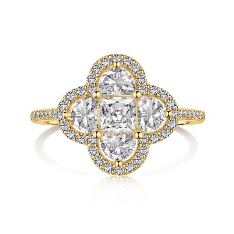 Clover Style Cubic Zirconia 18K Gold Filled 925 Silver Ring - Size 6