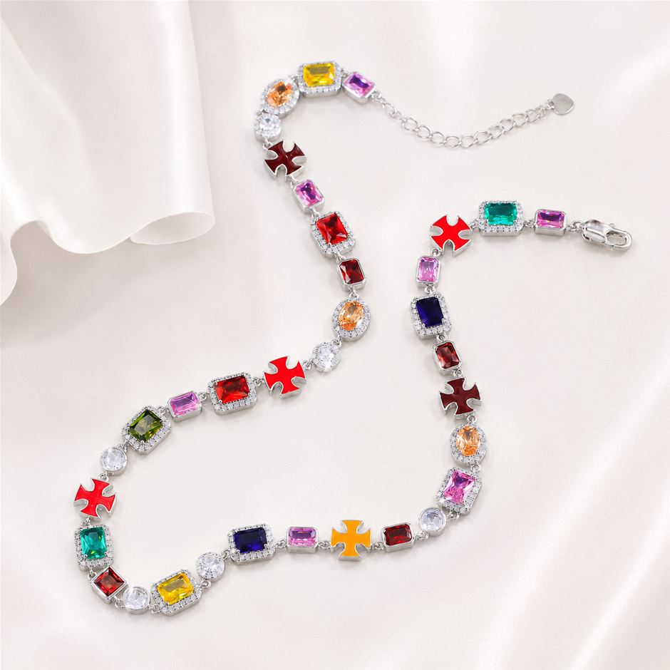Multicolored AAA+ Cubic Zirconia Enamel Cross Necklace