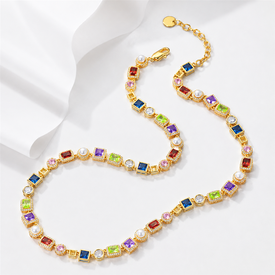 18K Gold Plated AAA+ Cubic Zirconia and Faux Pearl Necklace