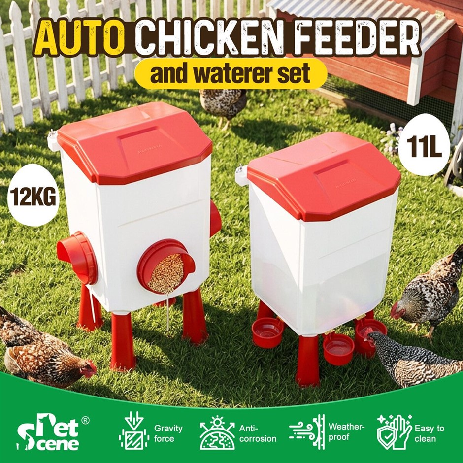 Chicken Feeder & Waterer Set 12kg Food 11L Water Automatic Poultry Drinker
