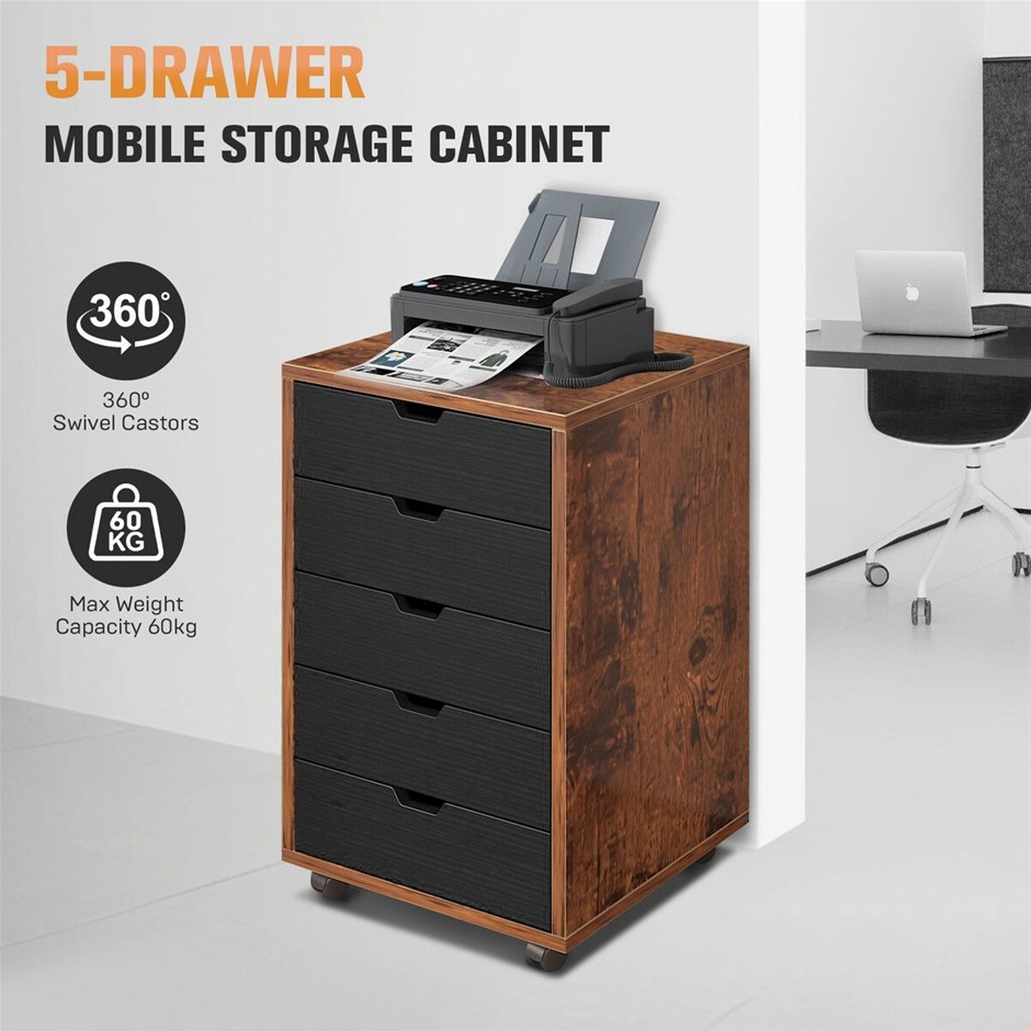 5 Drawer Mobile File Cabinet Home Office Storage Printer Stand Brown
