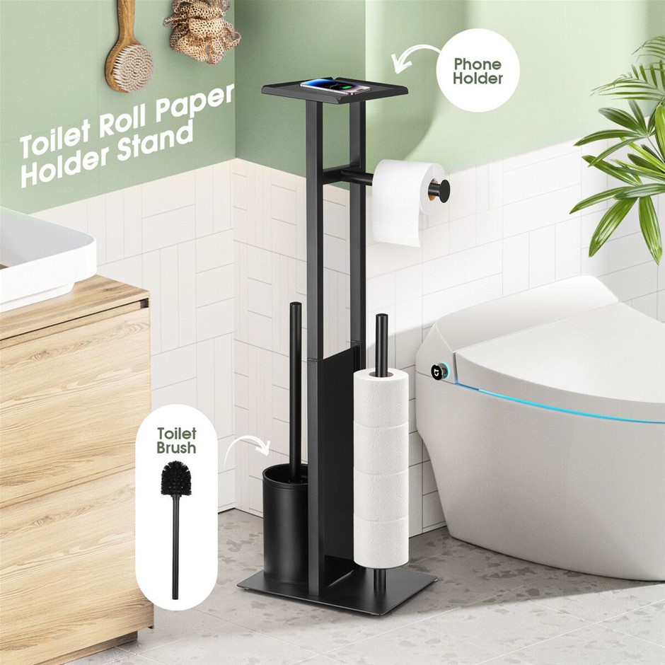 67cm Toilet Paper Holder Stand with Brush Phone Shelf Storage Black