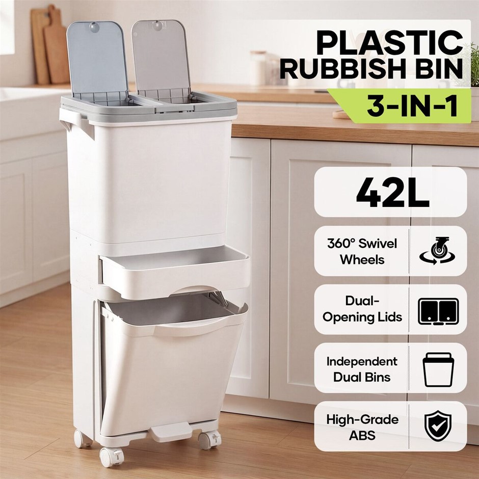 42L 3 Tier Recycling Bin with Wheels Pedal Lid Removable Buckets