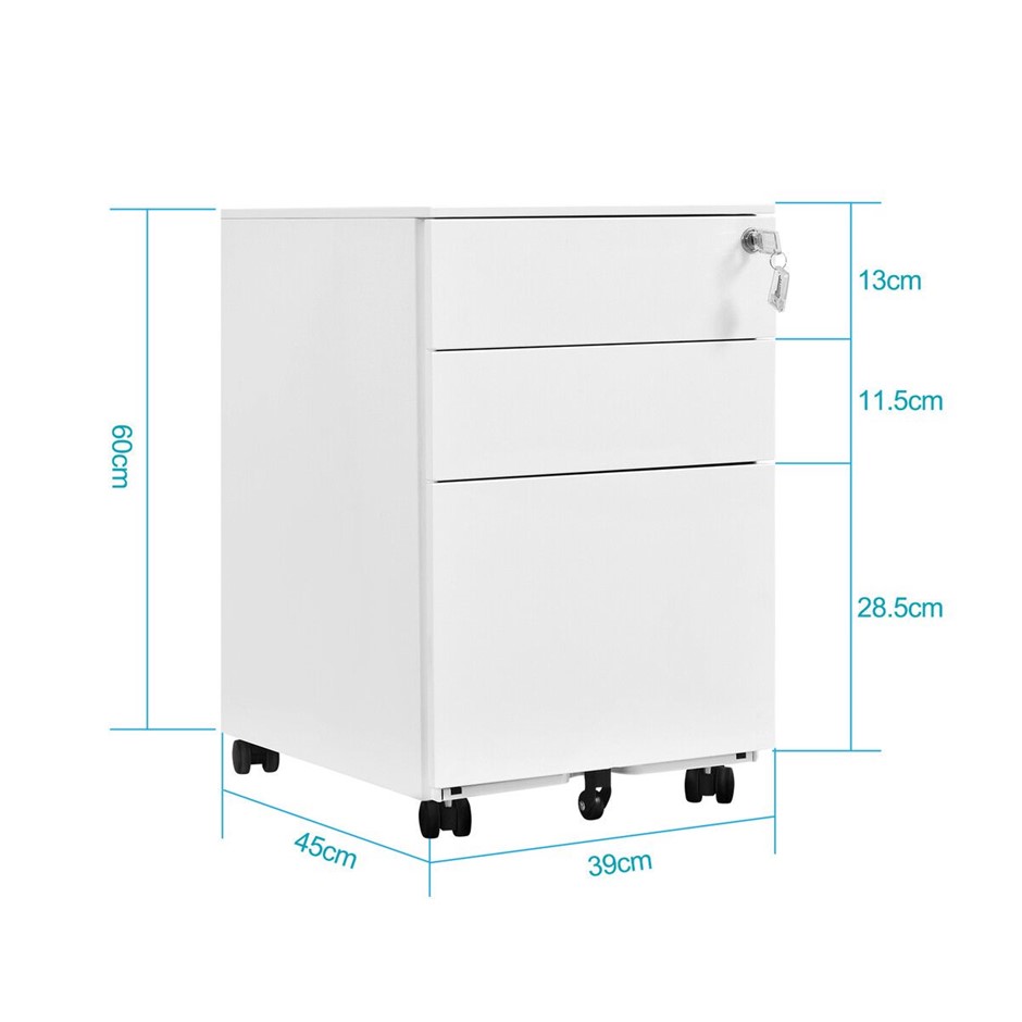 3-Drawer Steel File Cabinet Mobile Locking Under Desk Office Storage White