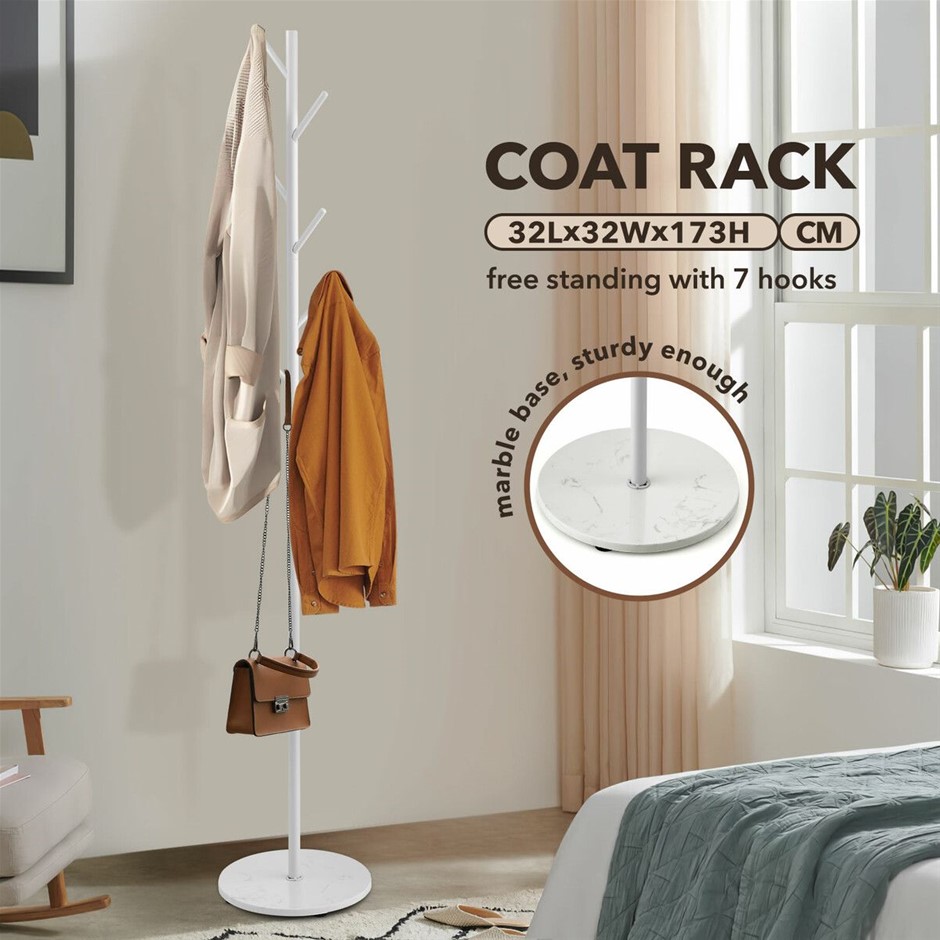 Metal Coat Stand Garment Rack with 7 Hooks White