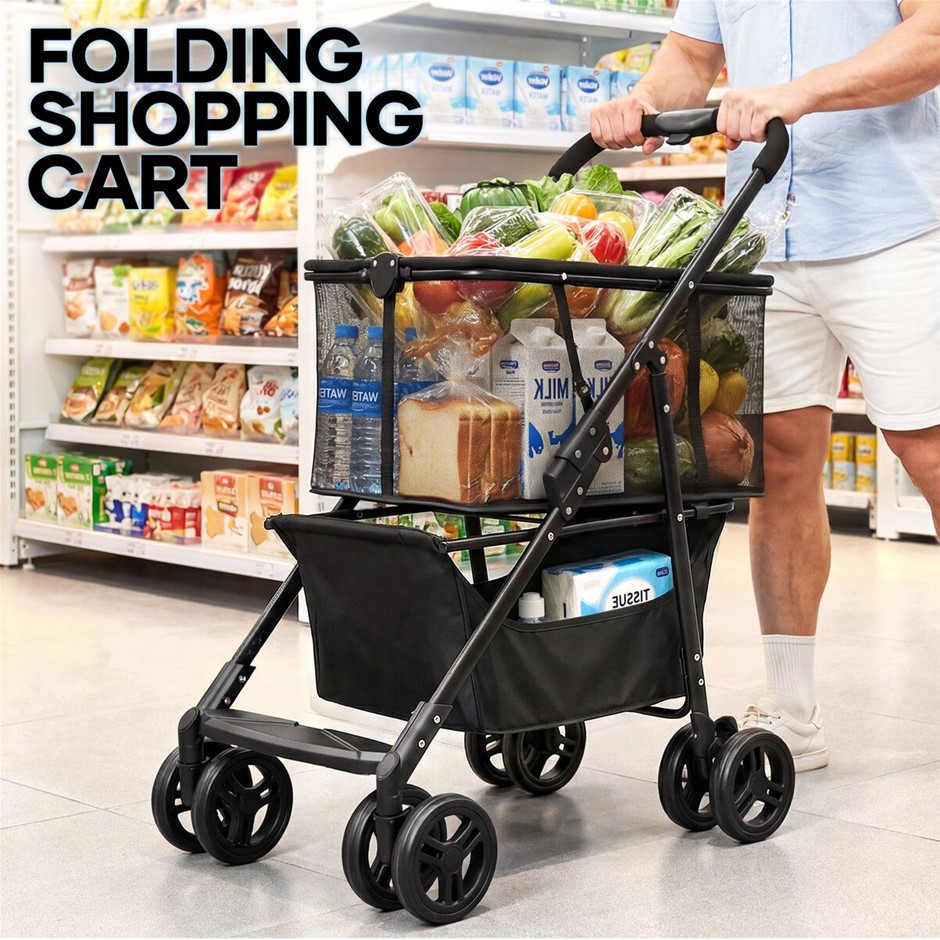 2-Tier Foldable Shopping Cart Trolley Grocery Utility Basket