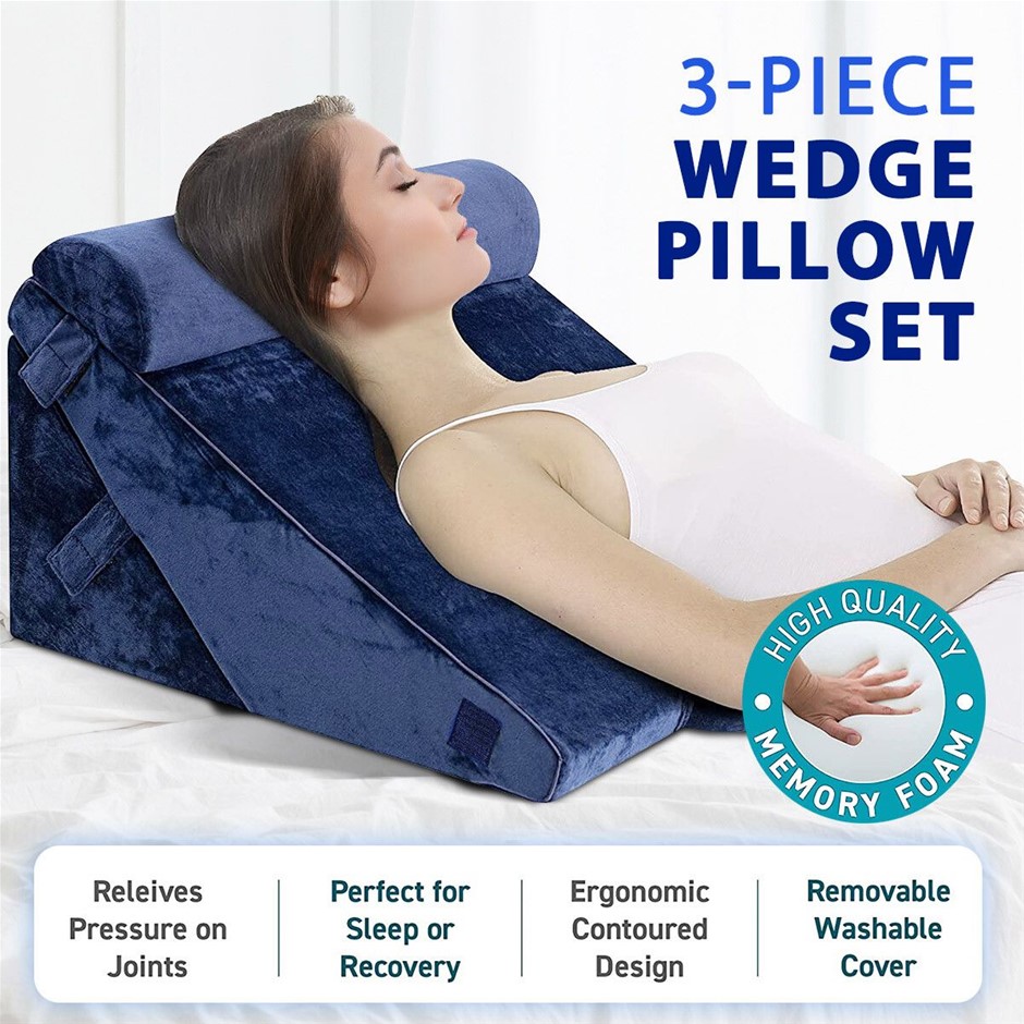 Triangle Memory Foam Wedge Pillow Set Adjustable Bed Back Head Support Navy