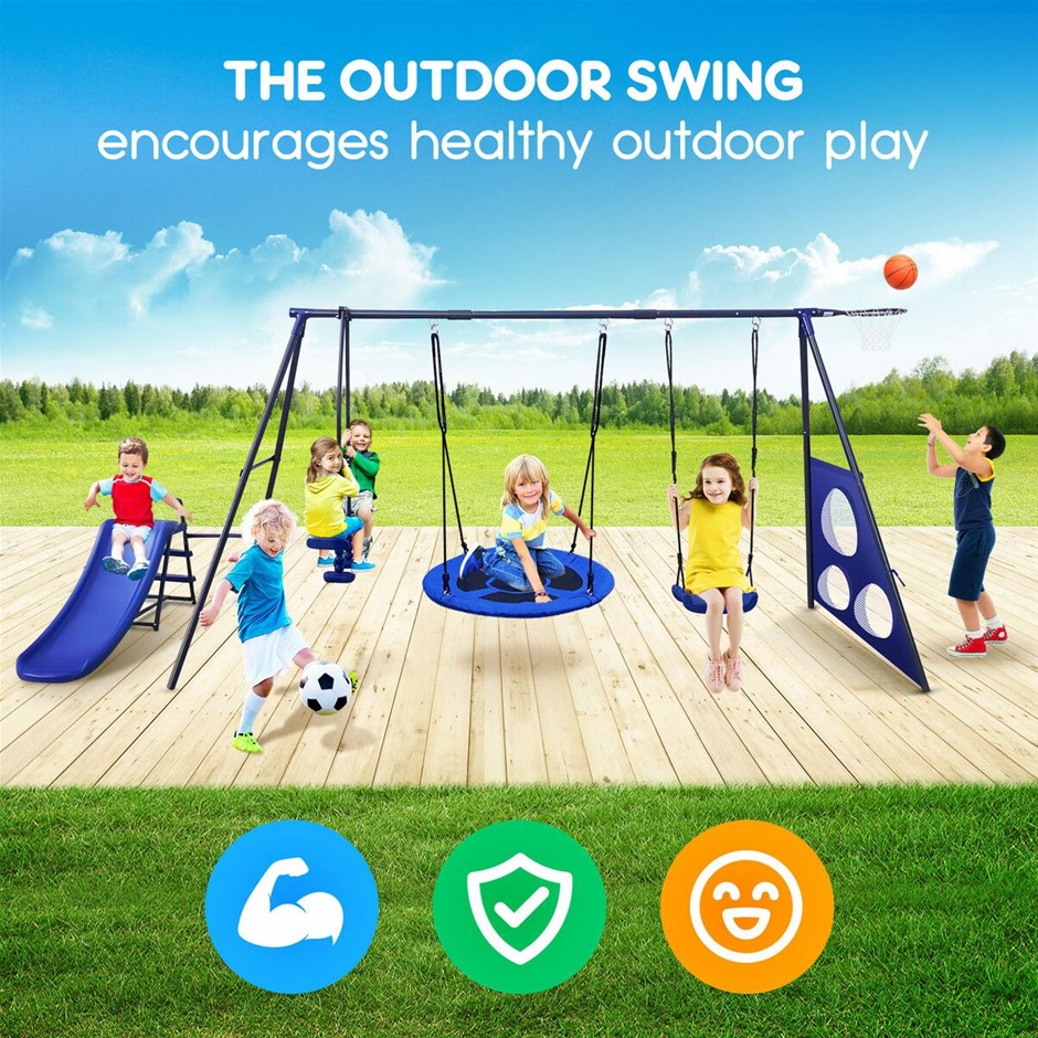 6-in-1 Metal Swing Set with Slide, Seesaw, Basketball Hoop & Football Goal