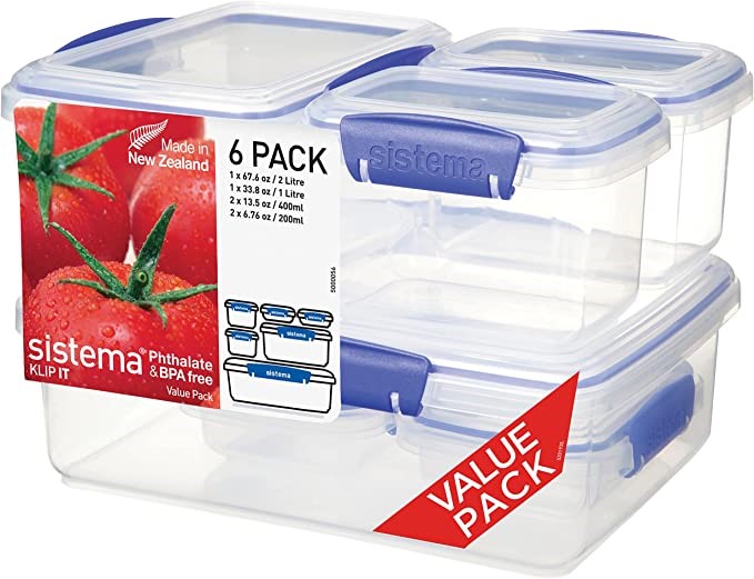 SISTEMA Klip It 6 pk Food Storage Container, Clear, 1760 . NB: 2L is broken